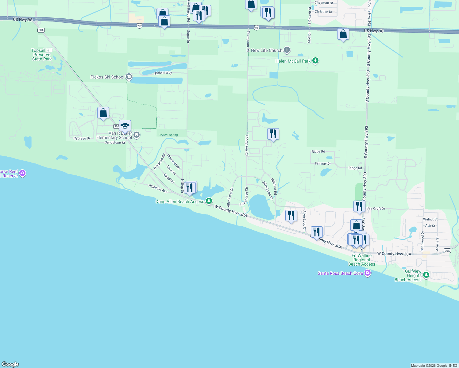 map of restaurants, bars, coffee shops, grocery stores, and more near 31 Dolphin Drive in Santa Rosa Beach