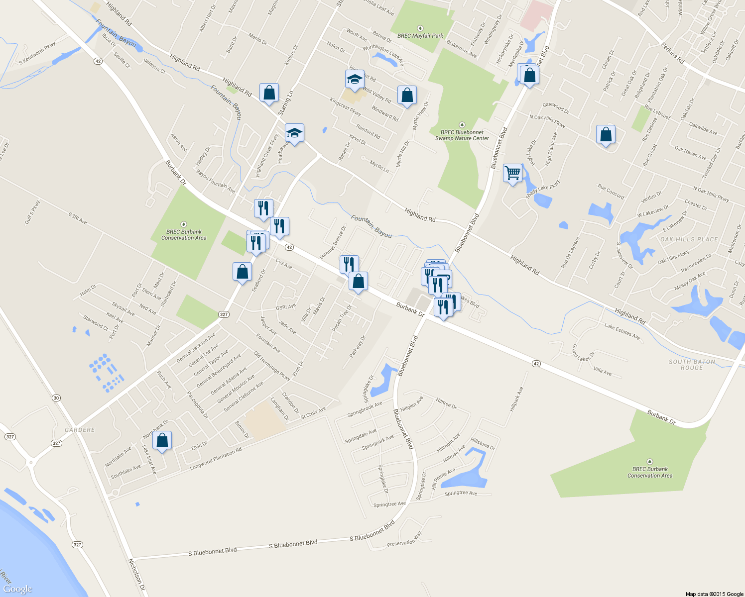 map of restaurants, bars, coffee shops, grocery stores, and more near 9211 Parkway Drive in Baton Rouge