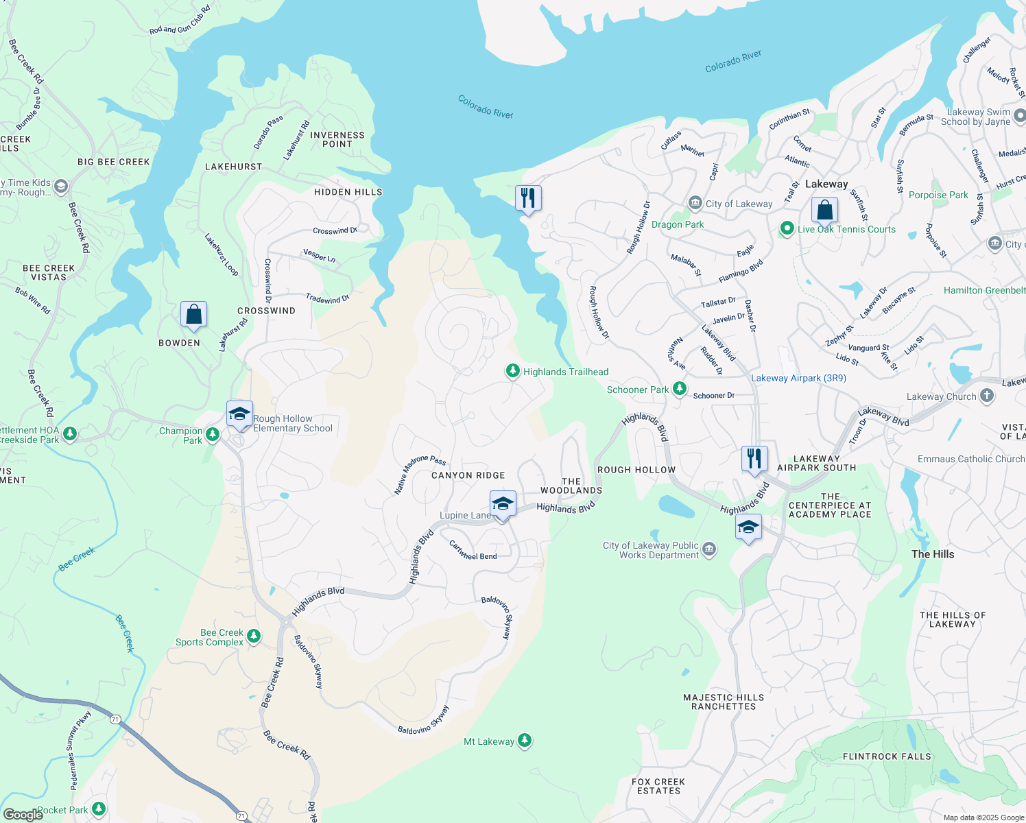 map of restaurants, bars, coffee shops, grocery stores, and more near 405 Tempranillo Way in Austin