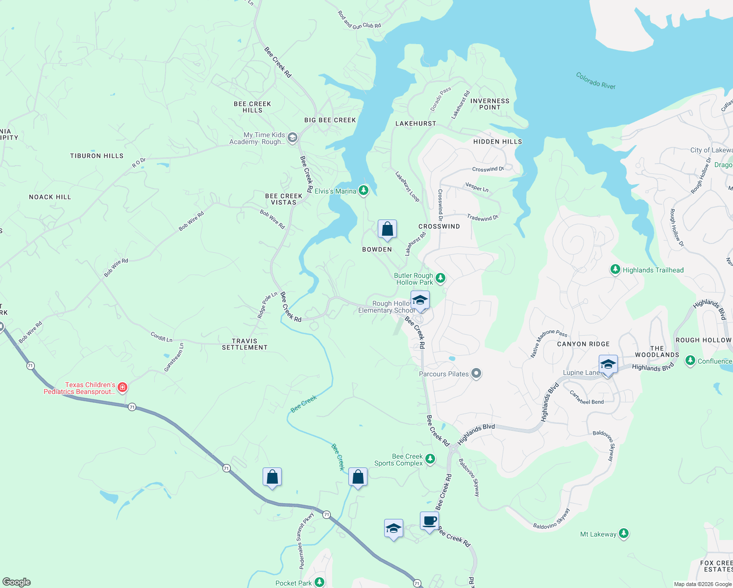 map of restaurants, bars, coffee shops, grocery stores, and more near 4166 Bee Creek Road in Spicewood