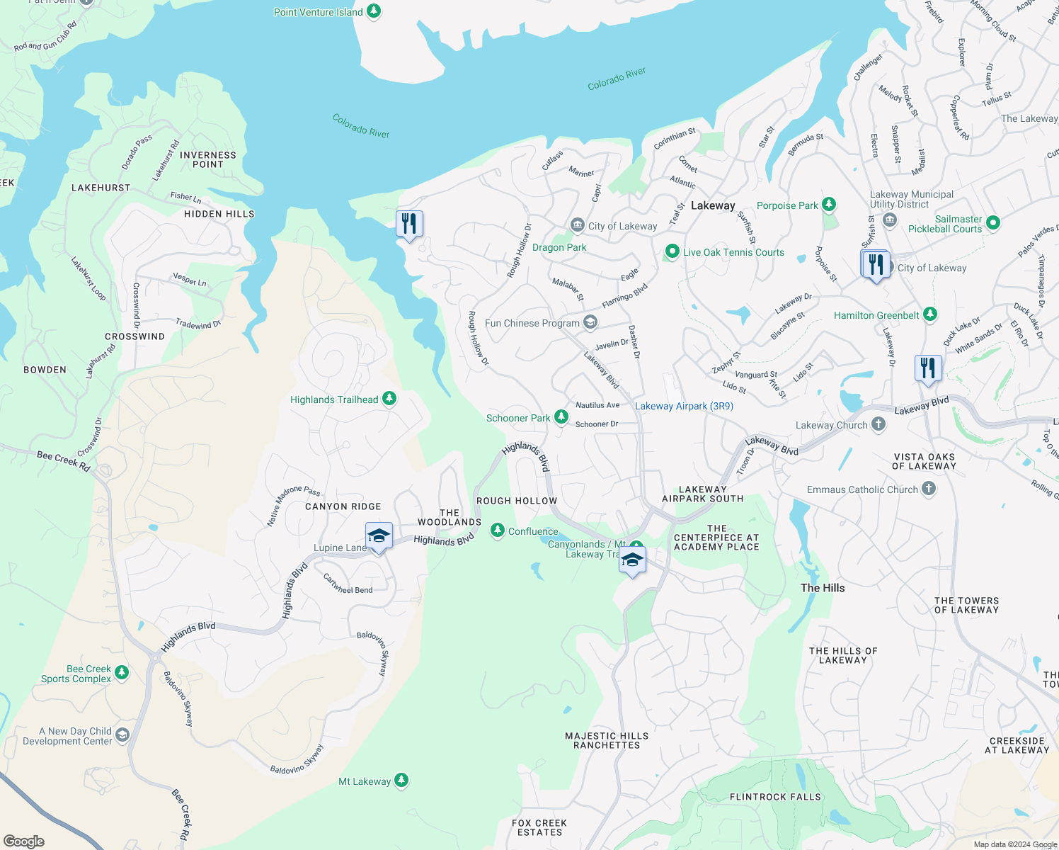 map of restaurants, bars, coffee shops, grocery stores, and more near 111 Feritti Drive in Austin