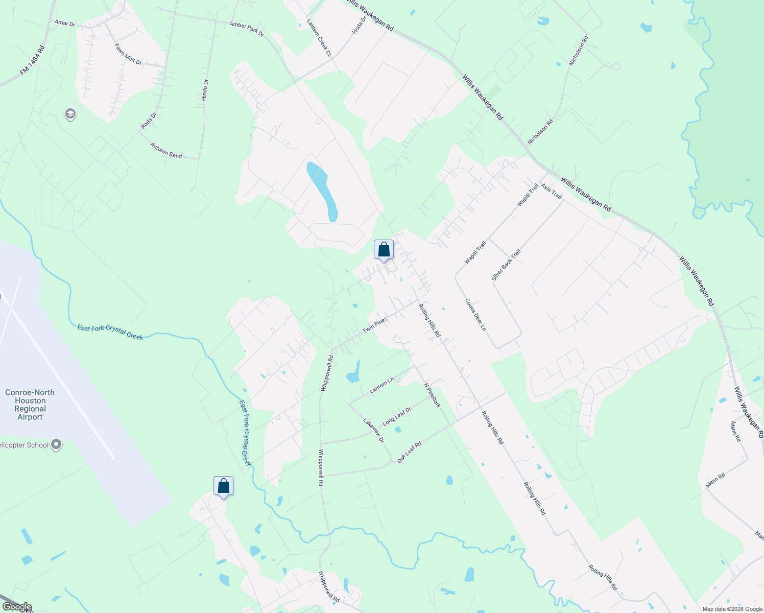 map of restaurants, bars, coffee shops, grocery stores, and more near 12275 Twin Pines in Conroe
