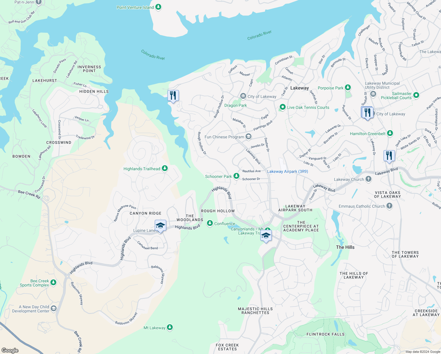 map of restaurants, bars, coffee shops, grocery stores, and more near 111 Feritti Drive in Austin