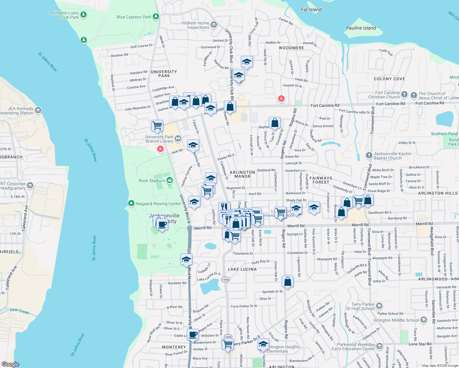 map of restaurants, bars, coffee shops, grocery stores, and more near 5928 Caribbean Drive South in Jacksonville