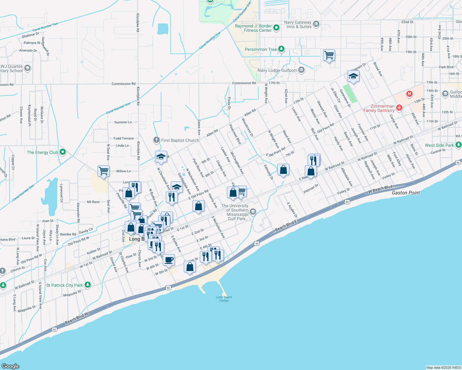 map of restaurants, bars, coffee shops, grocery stores, and more near 121 Valentine Drive in Long Beach