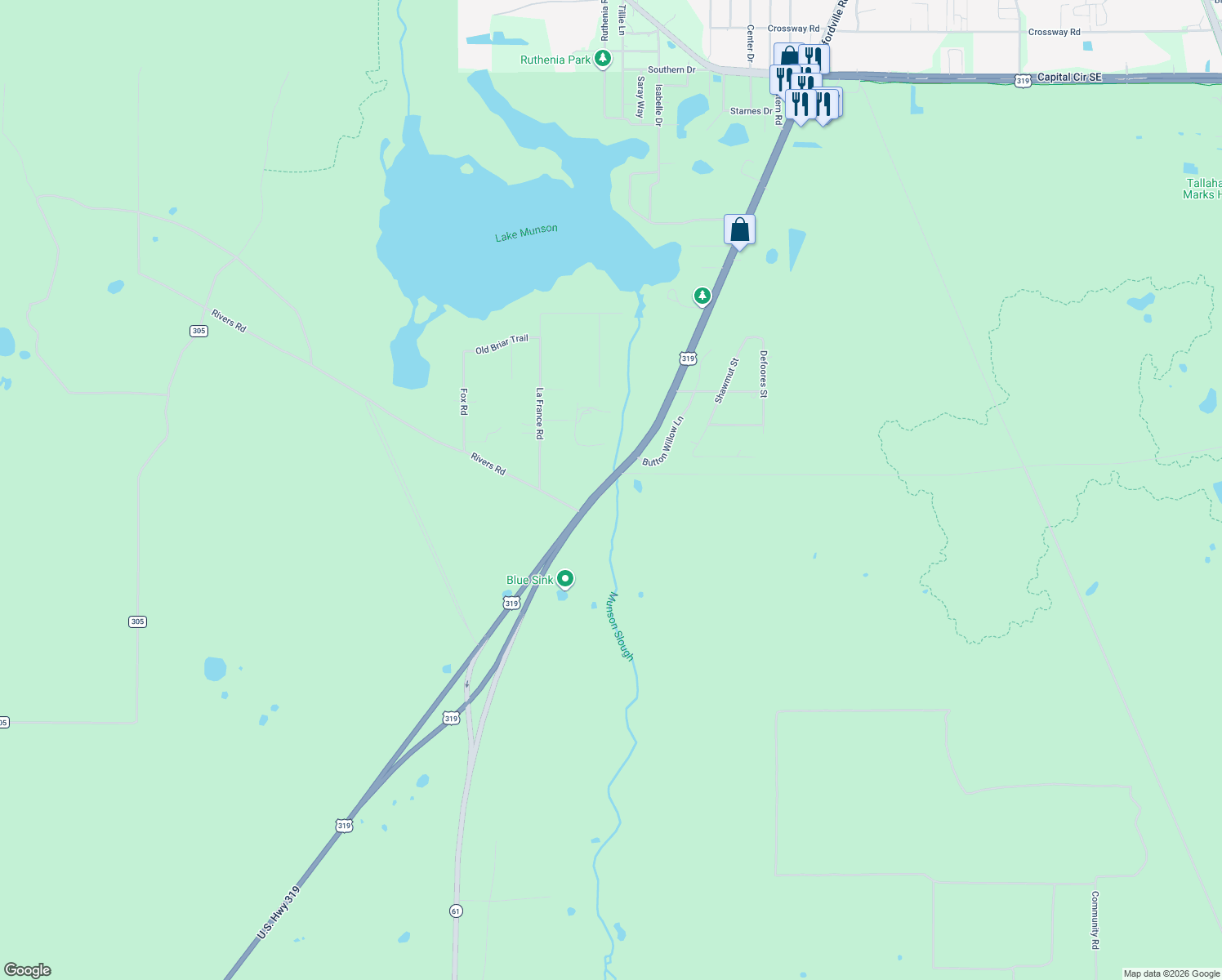 map of restaurants, bars, coffee shops, grocery stores, and more near 6317 Crawfordville Road in Tallahassee