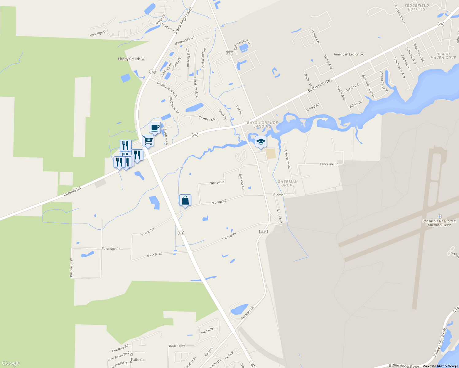 map of restaurants, bars, coffee shops, grocery stores, and more near 9641 Sidney Road in Pensacola