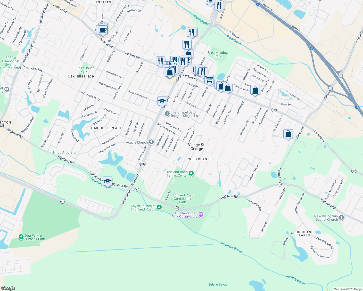 map of restaurants, bars, coffee shops, grocery stores, and more near 13489 N Amiss Rd in Baton Rouge