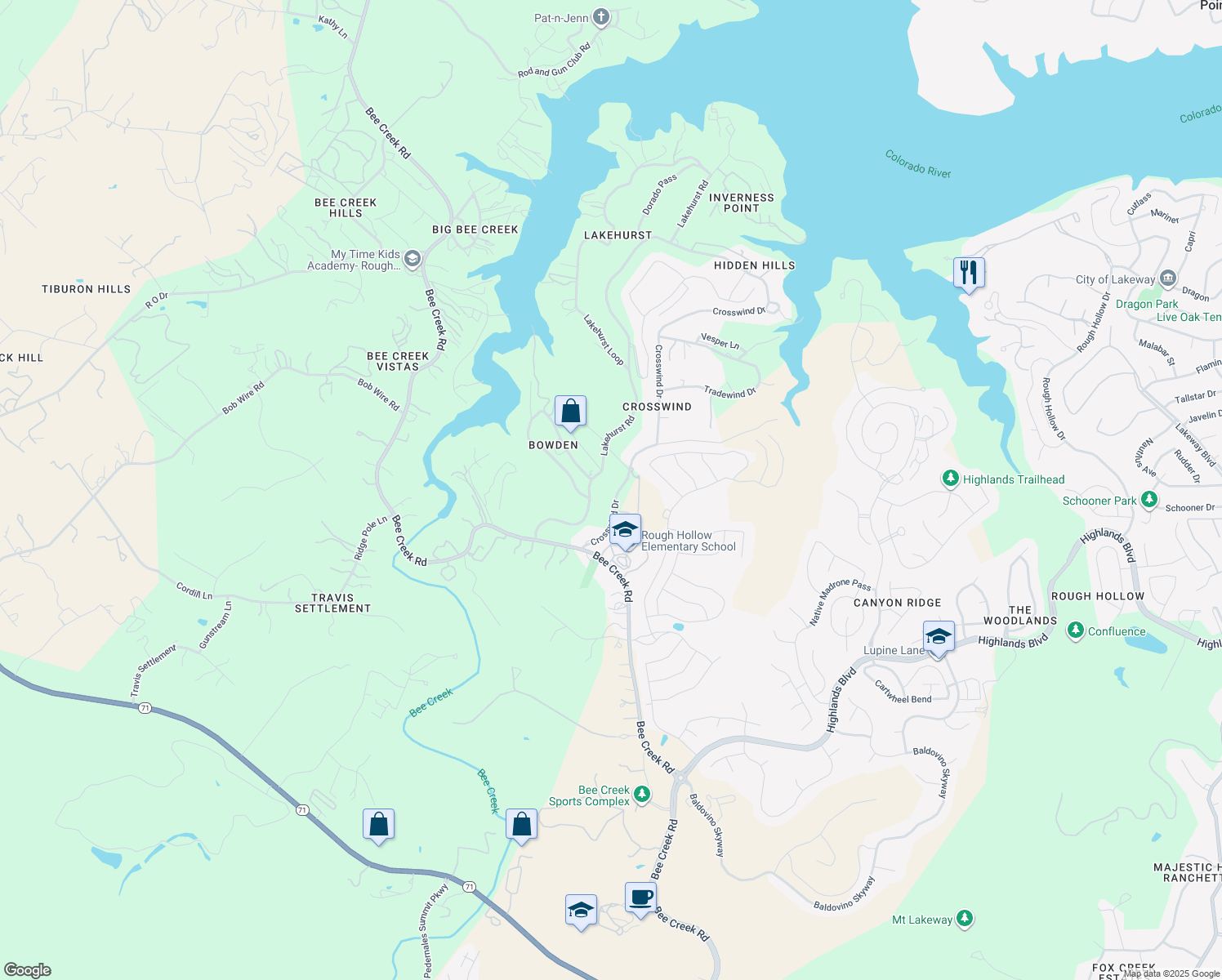 map of restaurants, bars, coffee shops, grocery stores, and more near 3606 Crosswind Drive in Spicewood