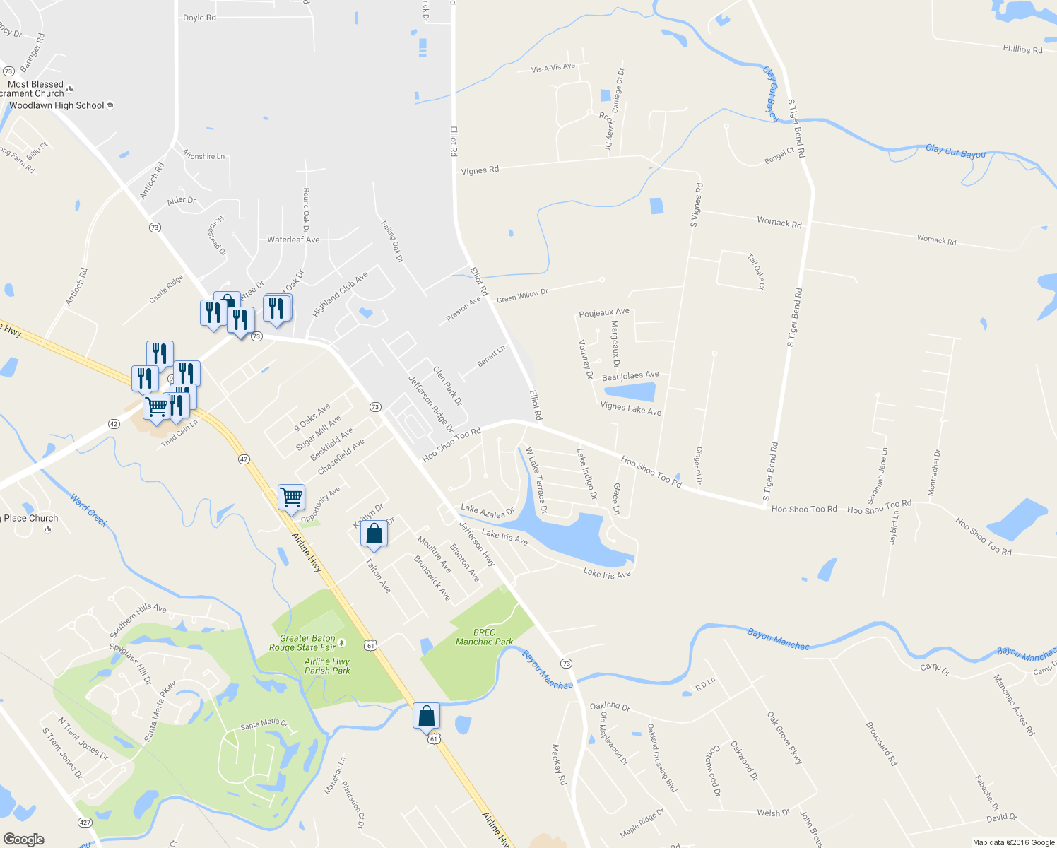 map of restaurants, bars, coffee shops, grocery stores, and more near 18322 Hoo Shoo Too Rd in Baton Rouge