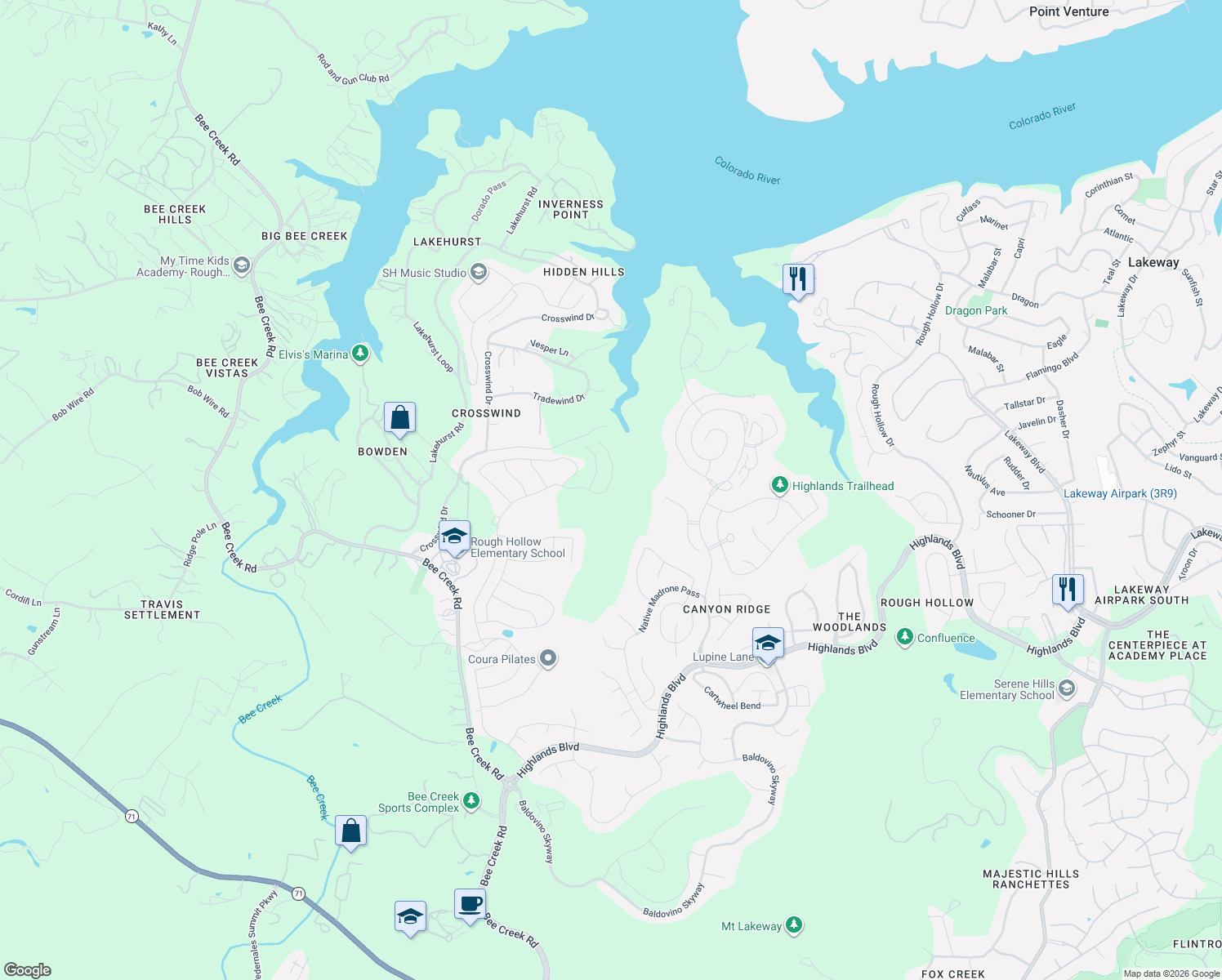 map of restaurants, bars, coffee shops, grocery stores, and more near 961 Tomichi Trail in Austin