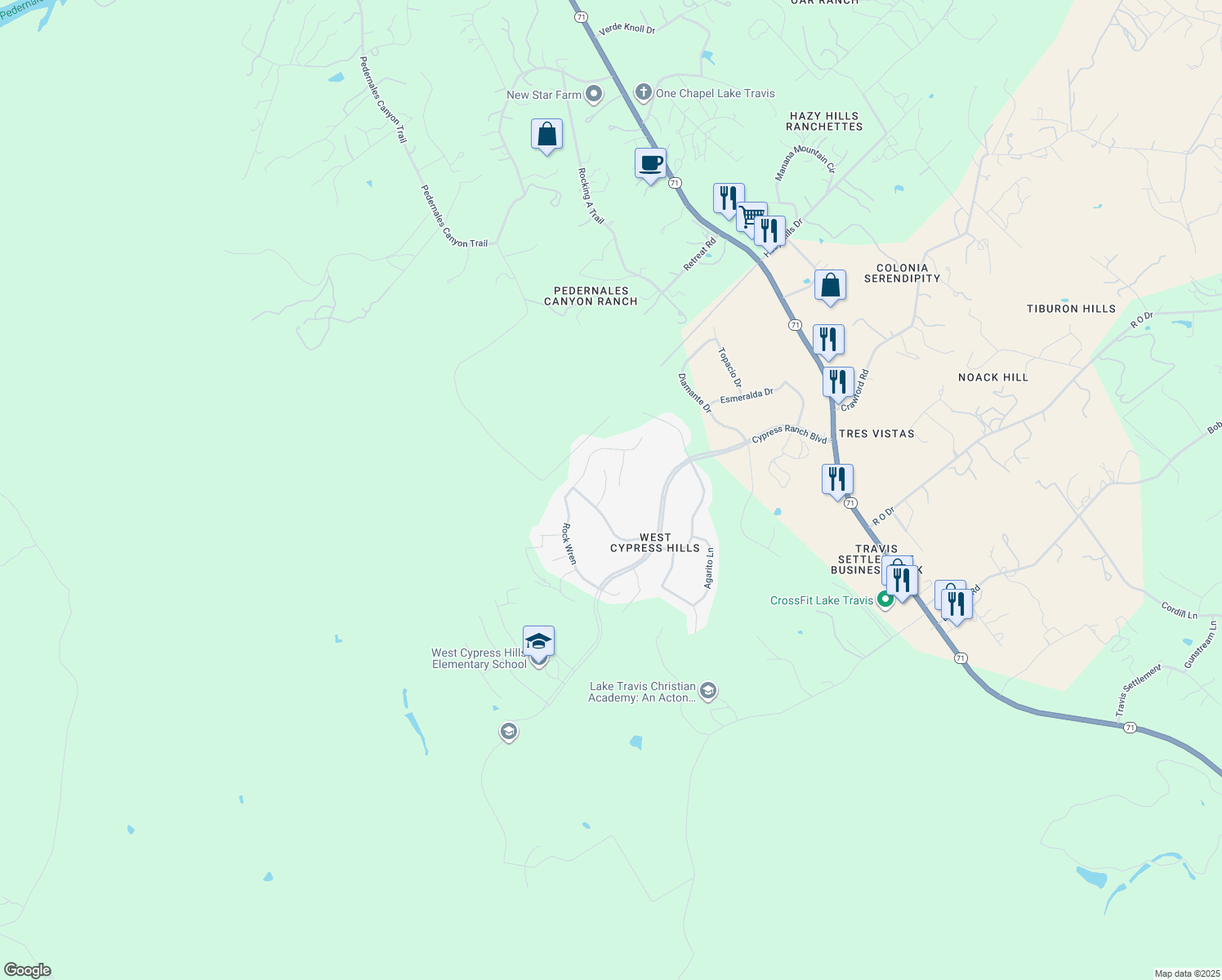 map of restaurants, bars, coffee shops, grocery stores, and more near 22217 Red Yucca Road in Spicewood