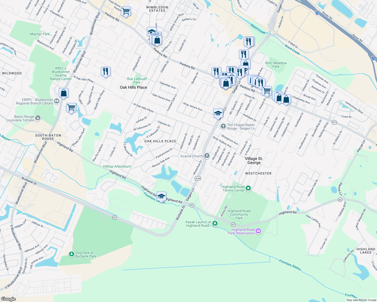 map of restaurants, bars, coffee shops, grocery stores, and more near 920 Wyatt Dr in Baton Rouge