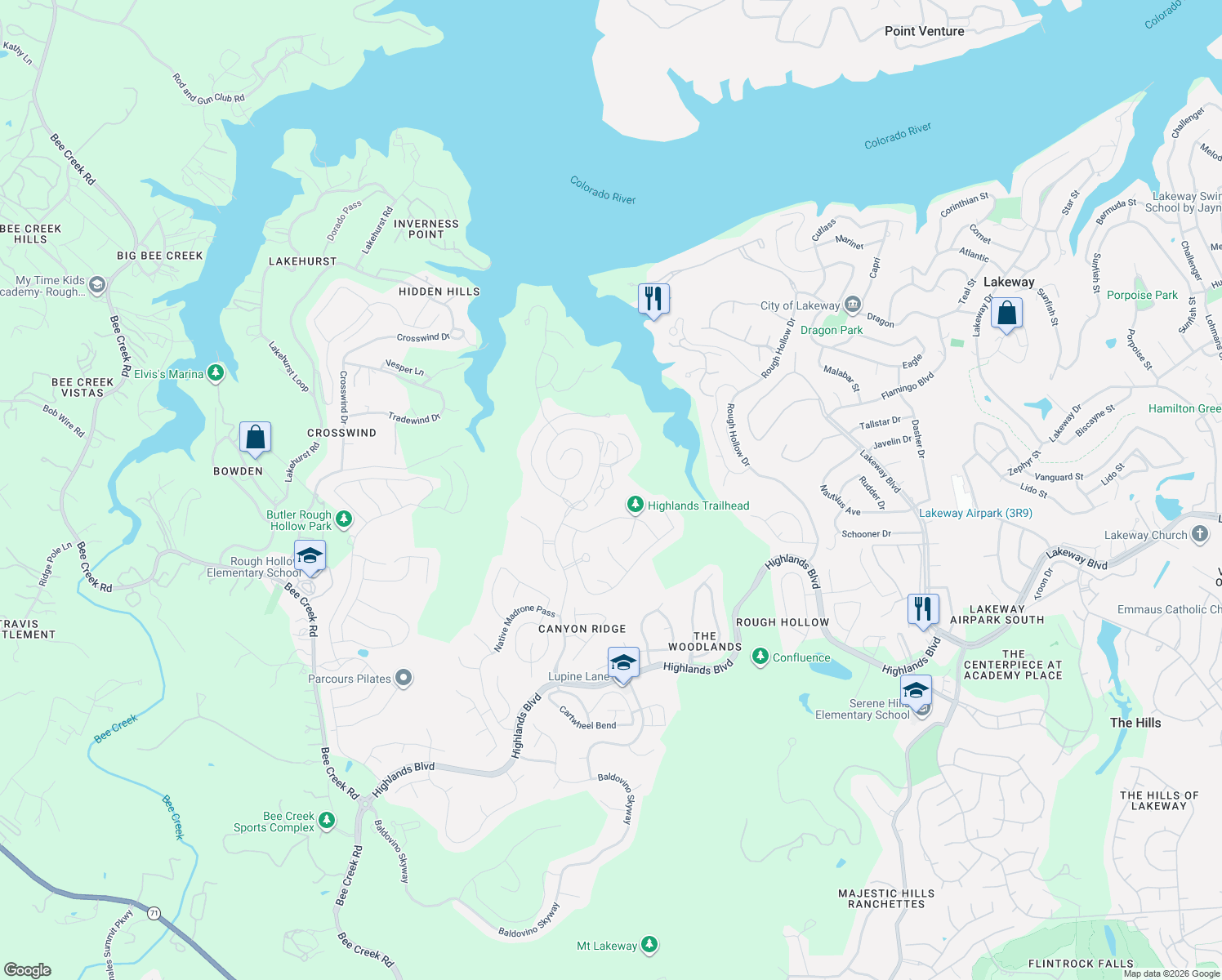 map of restaurants, bars, coffee shops, grocery stores, and more near 317 Hidden Beacon Bend in Lakeway