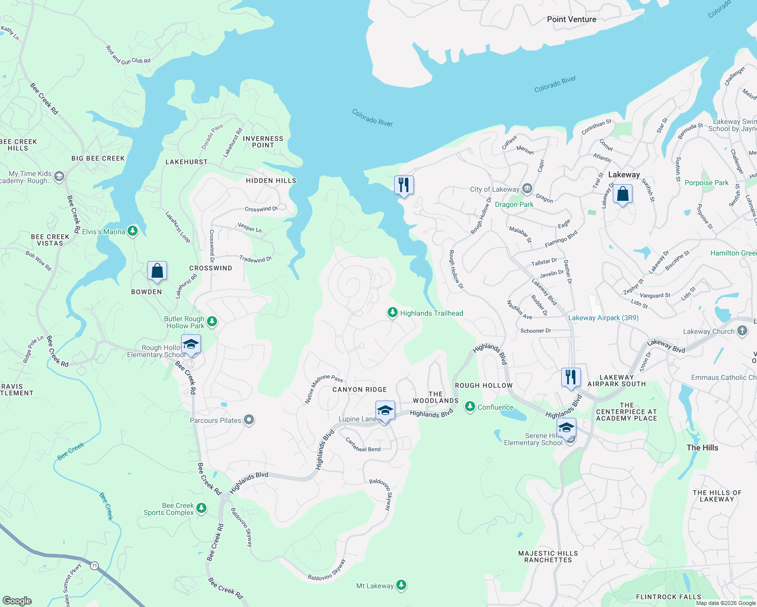 map of restaurants, bars, coffee shops, grocery stores, and more near 314 Hidden Beacon Bend in Lakeway
