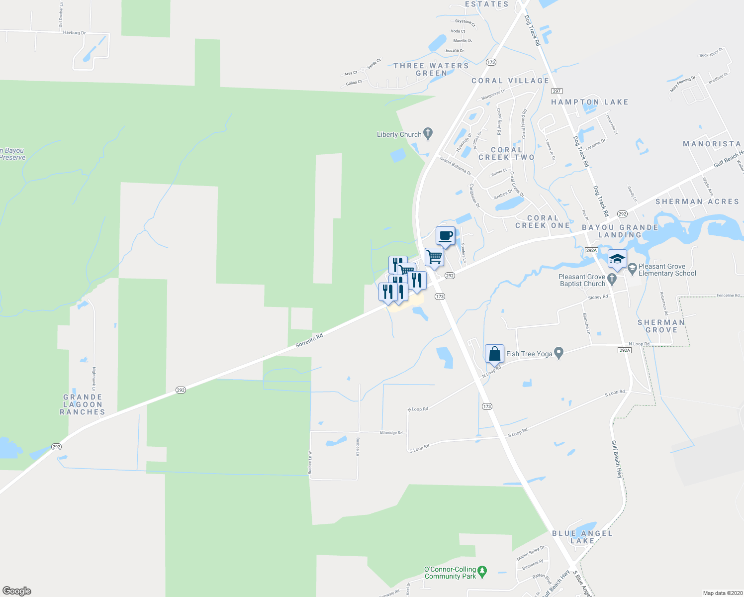 map of restaurants, bars, coffee shops, grocery stores, and more near 10400 Sorrento Road in Pensacola