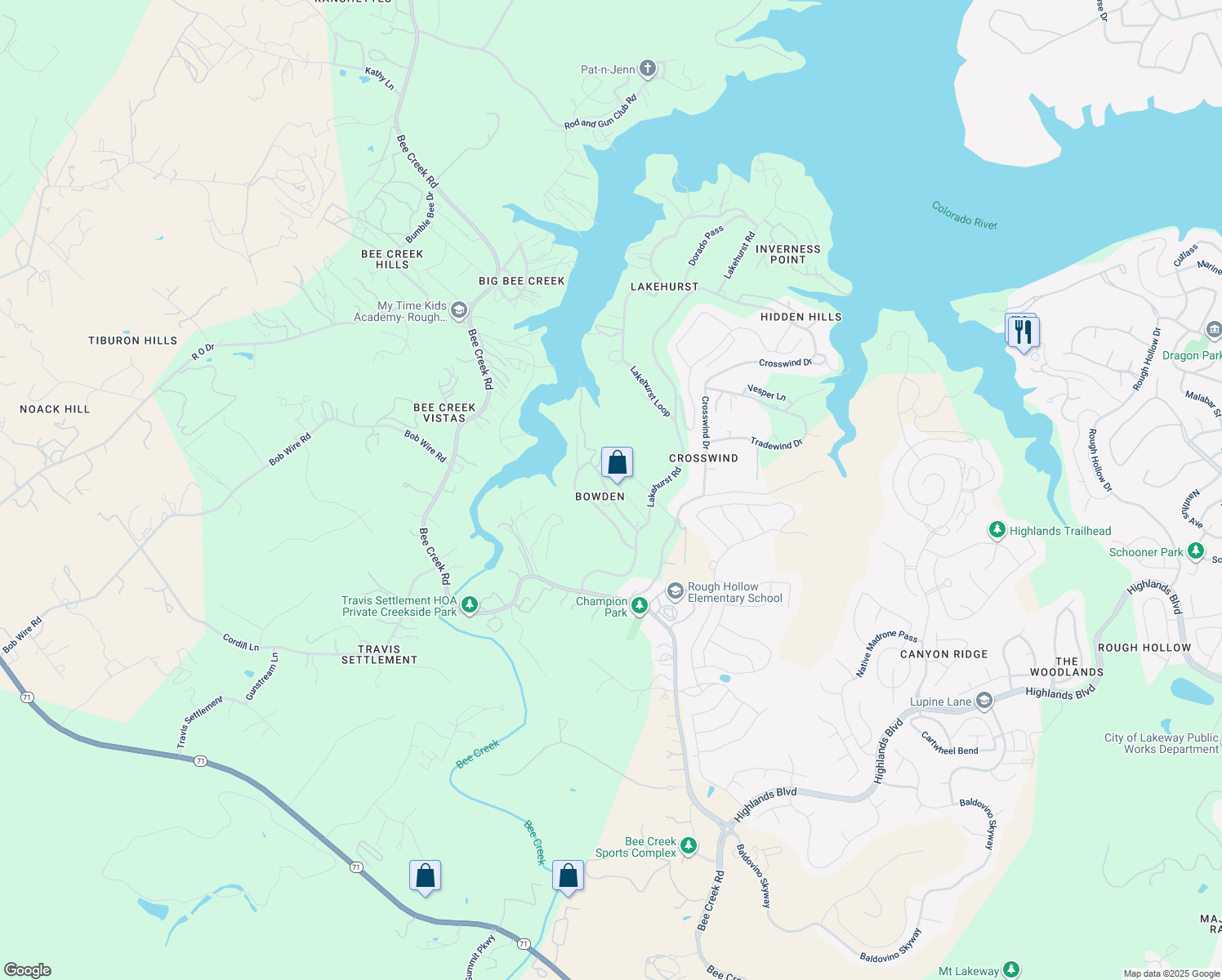 map of restaurants, bars, coffee shops, grocery stores, and more near 19600 Happy Hollow Road in Austin