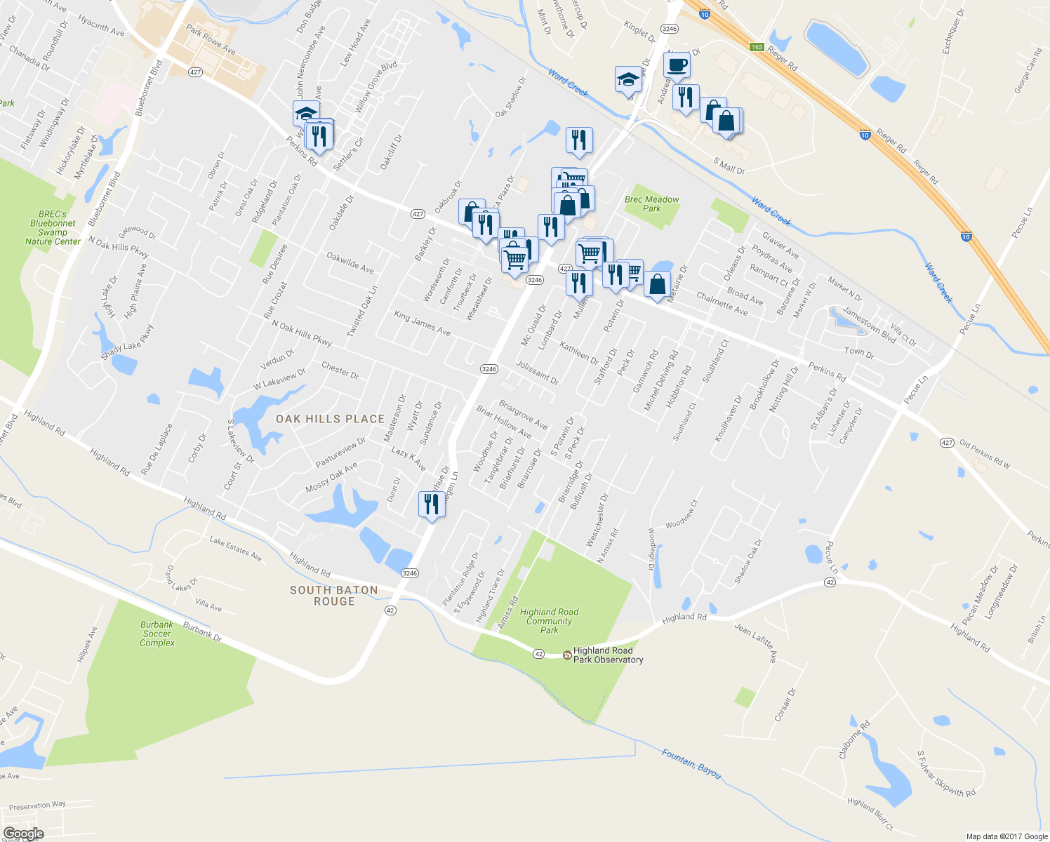 map of restaurants, bars, coffee shops, grocery stores, and more near 13314 Briargrove Avenue in Baton Rouge