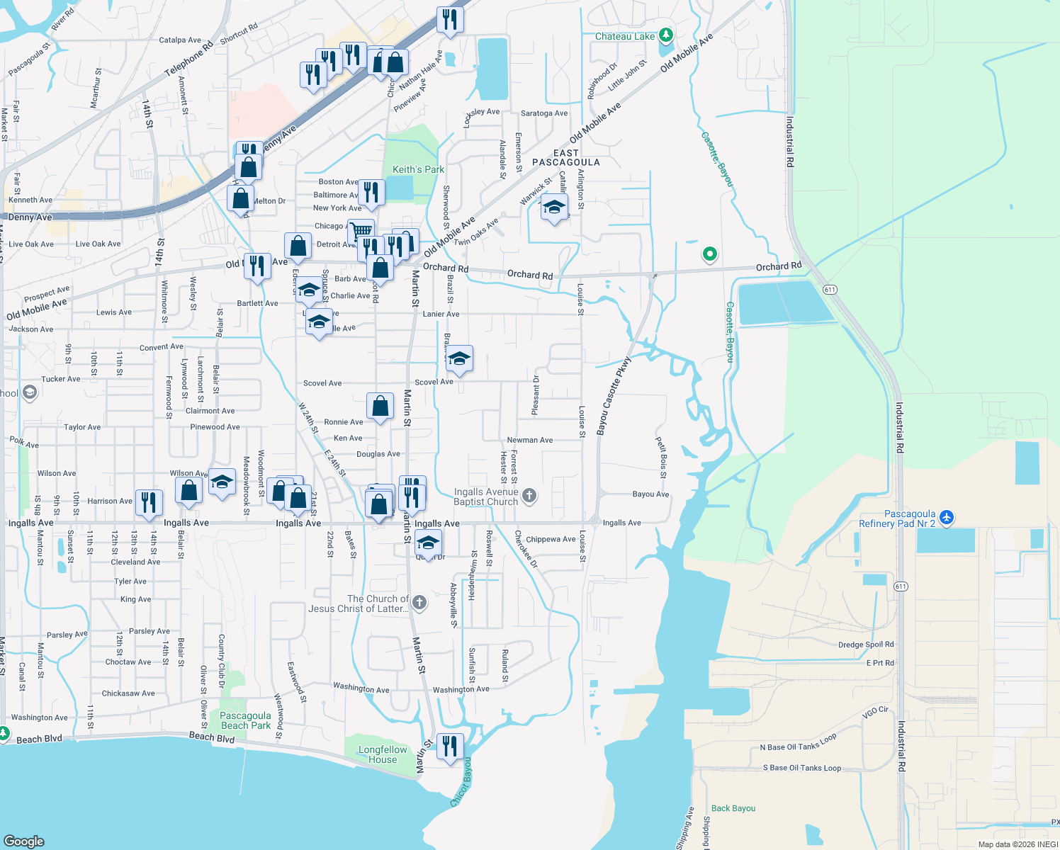 map of restaurants, bars, coffee shops, grocery stores, and more near 4508 New Hope Avenue in Pascagoula