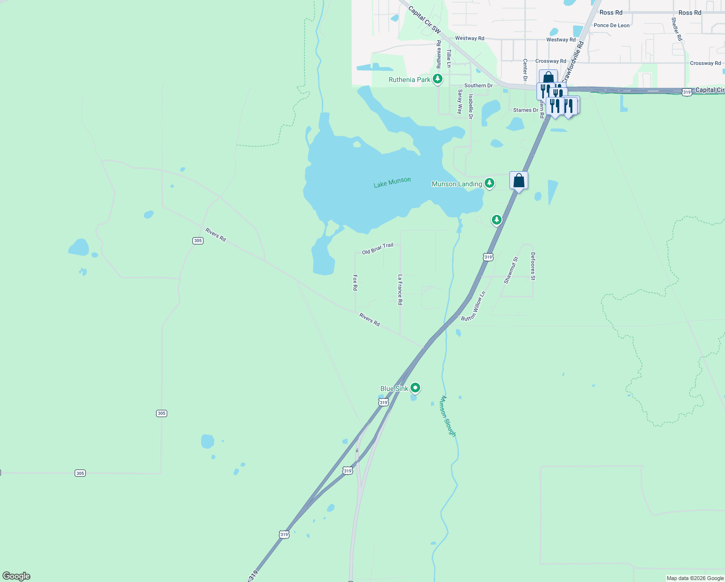 map of restaurants, bars, coffee shops, grocery stores, and more near 6035 Fox Road in Tallahassee