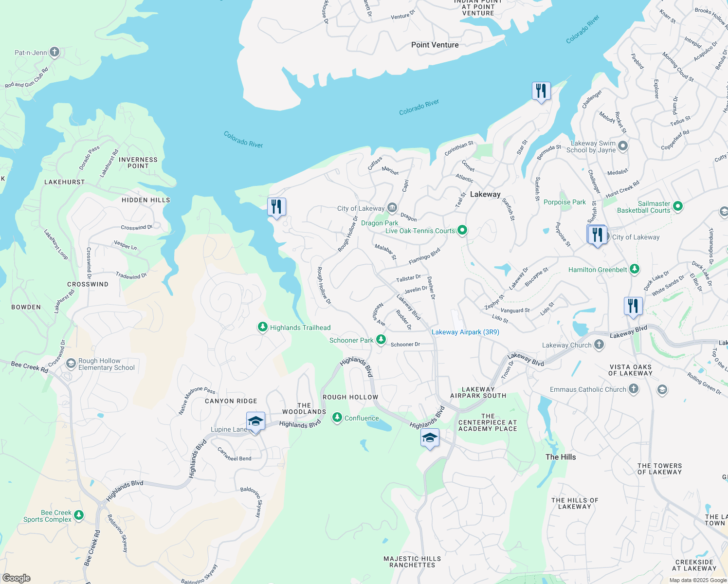 map of restaurants, bars, coffee shops, grocery stores, and more near 4105 Lakeway Boulevard in Lakeway