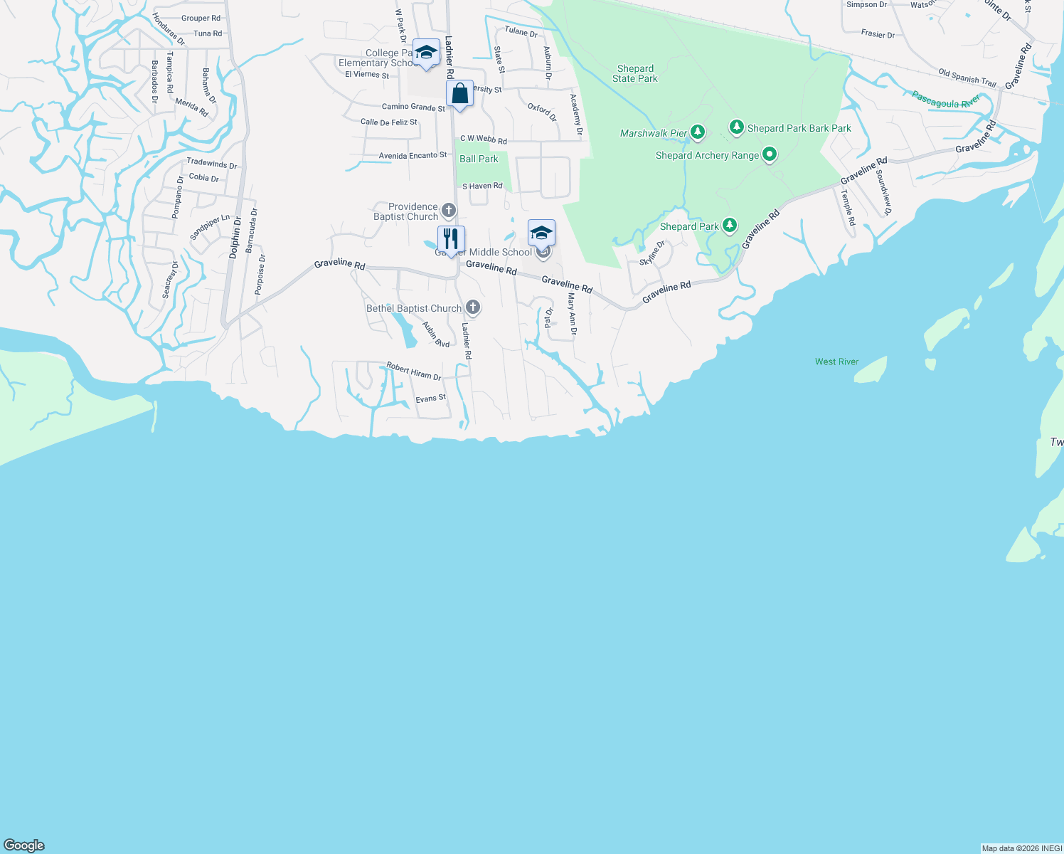 map of restaurants, bars, coffee shops, grocery stores, and more near 1913 Waters Edge Drive in Gautier