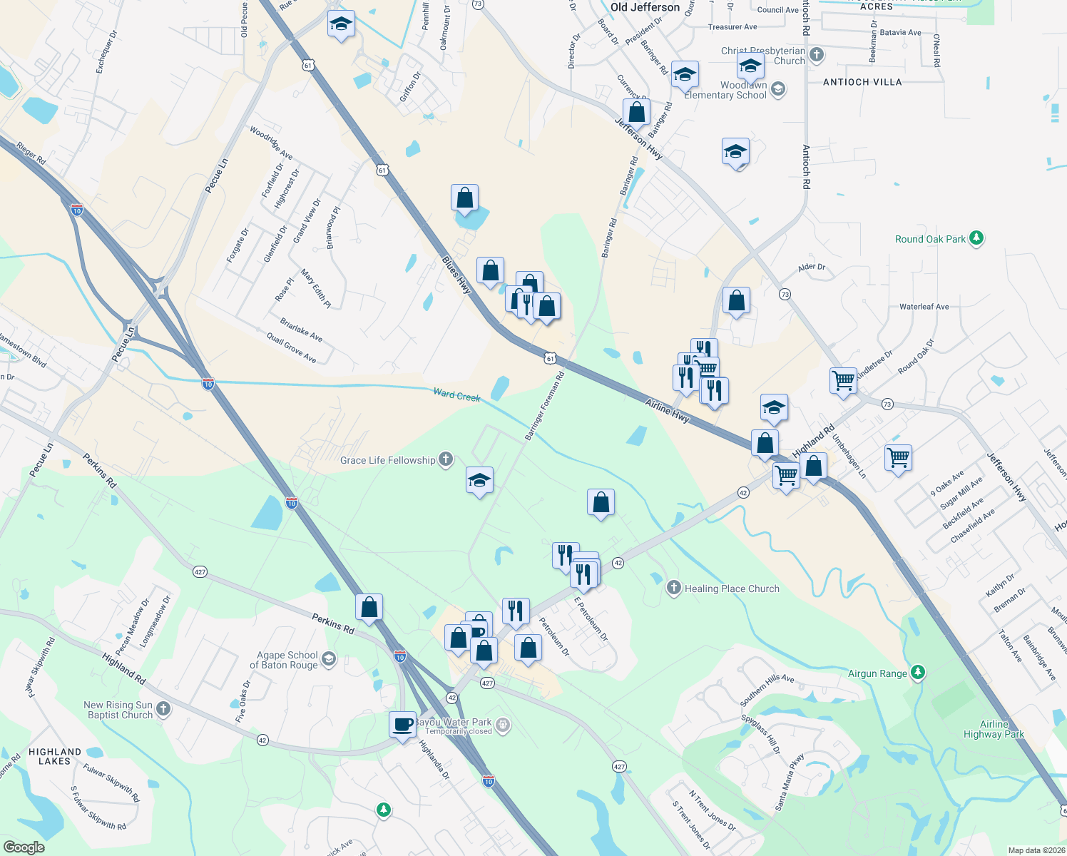 map of restaurants, bars, coffee shops, grocery stores, and more near 9999 Barringer Foreman Rd in Baton Rouge