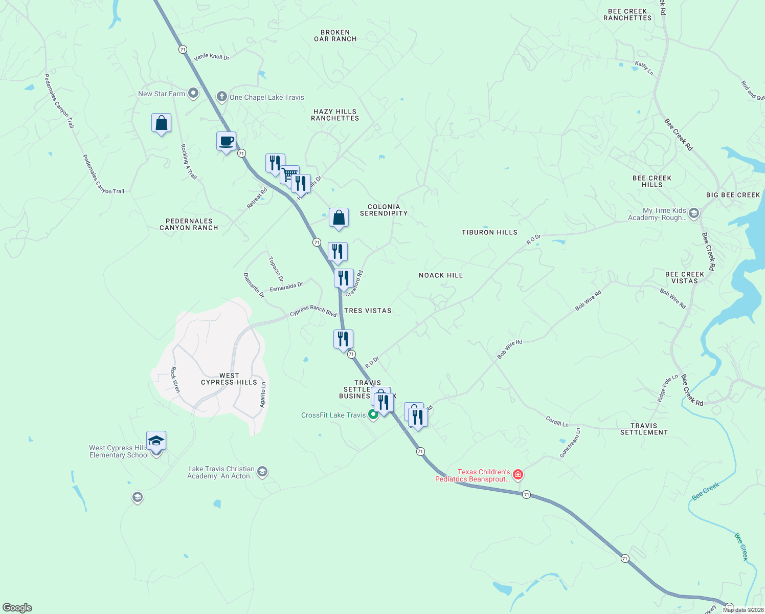 map of restaurants, bars, coffee shops, grocery stores, and more near 4700 Vista Estates Court in Spicewood