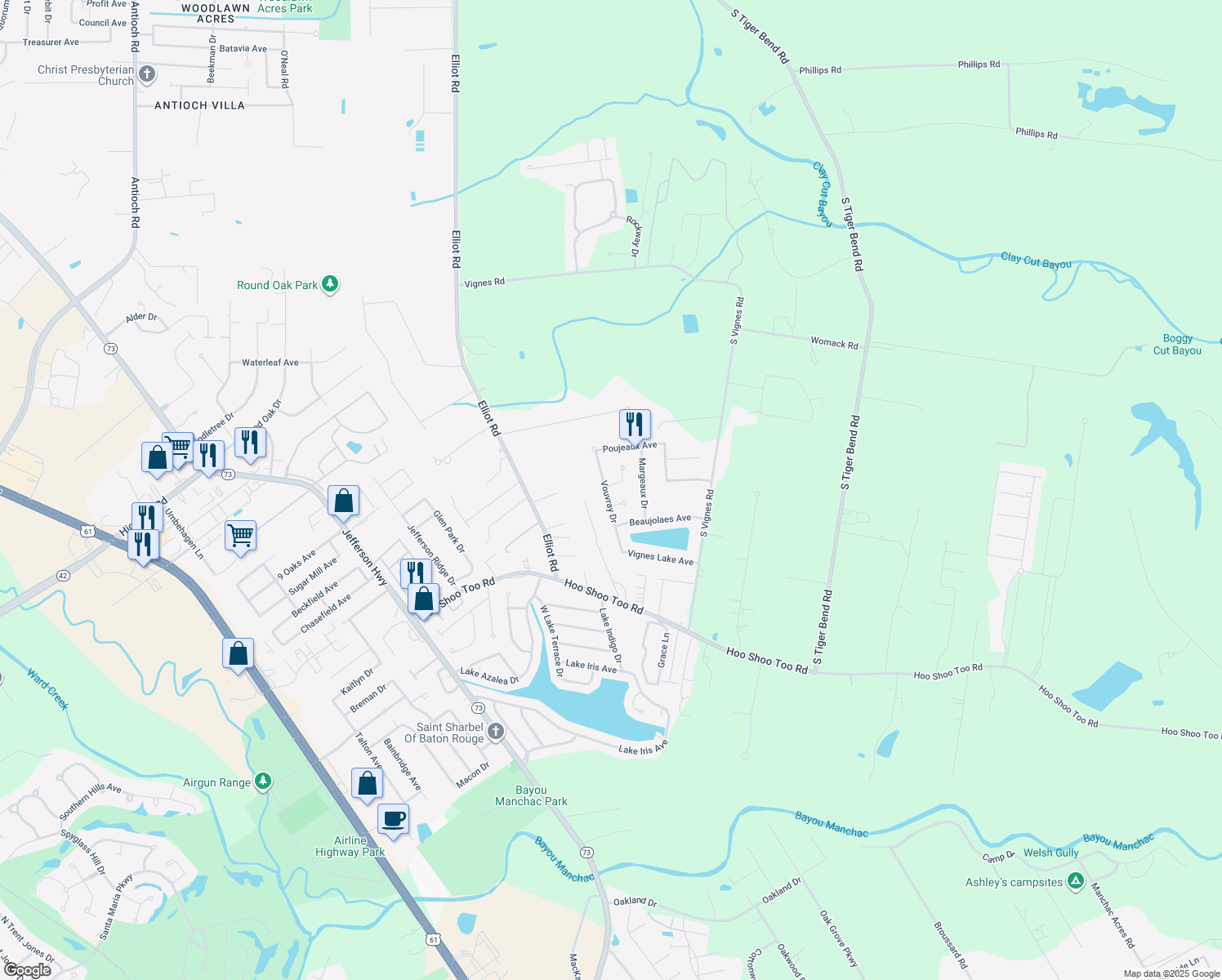 map of restaurants, bars, coffee shops, grocery stores, and more near 9613 Vouvray Drive in Baton Rouge