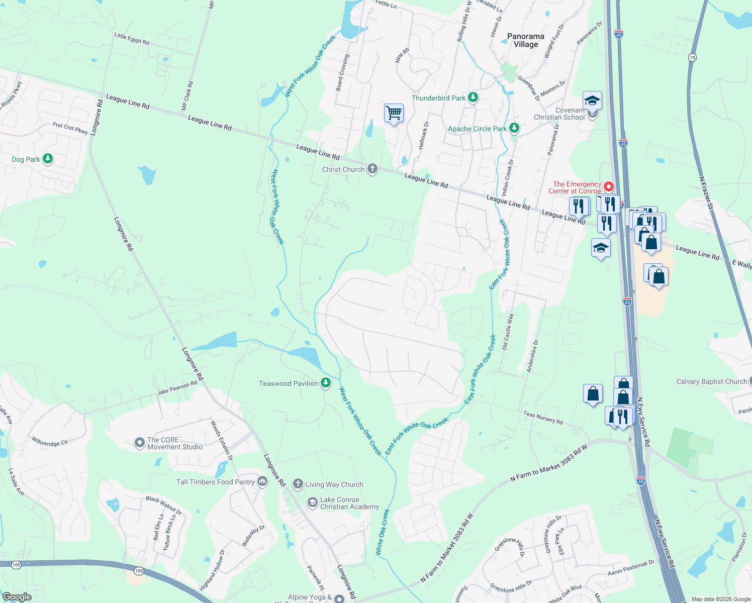 map of restaurants, bars, coffee shops, grocery stores, and more near 10327 Hunter Creek Lane in Conroe