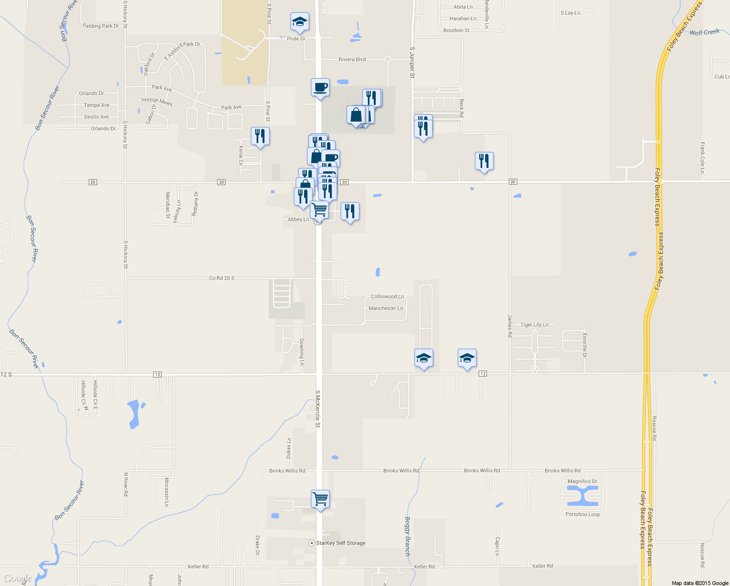 map of restaurants, bars, coffee shops, grocery stores, and more near 329 Collinwood Lane in Foley