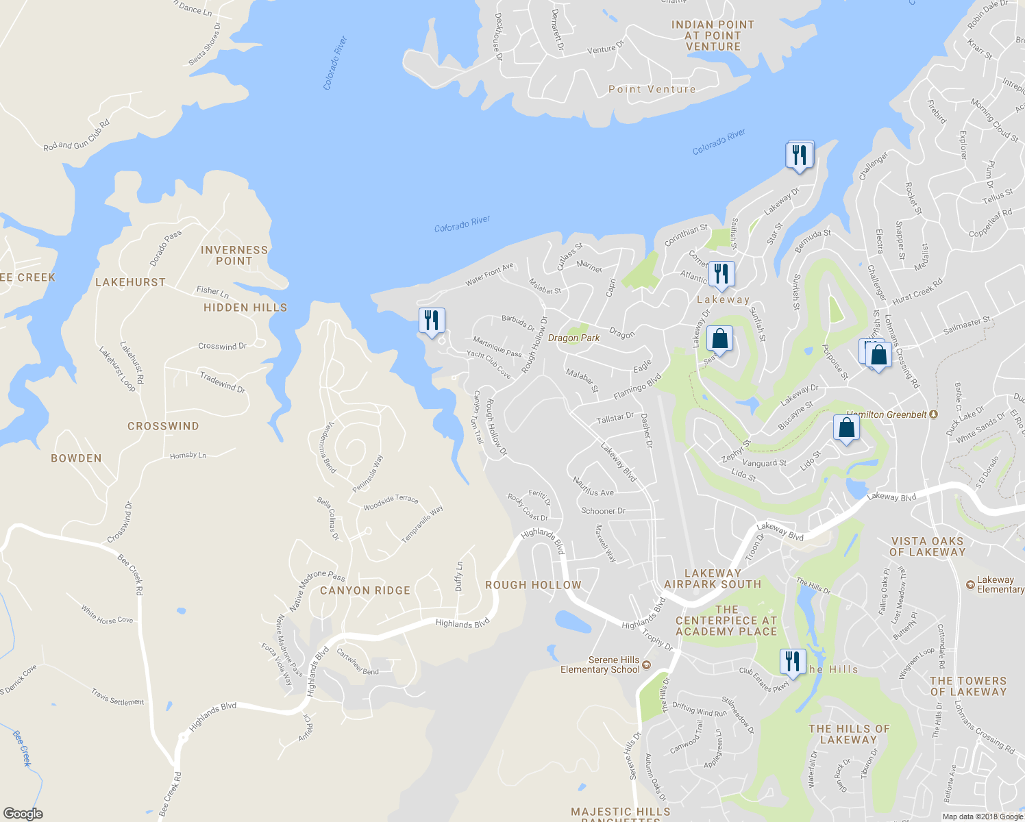 map of restaurants, bars, coffee shops, grocery stores, and more near 4306 Lakeway Boulevard in Austin