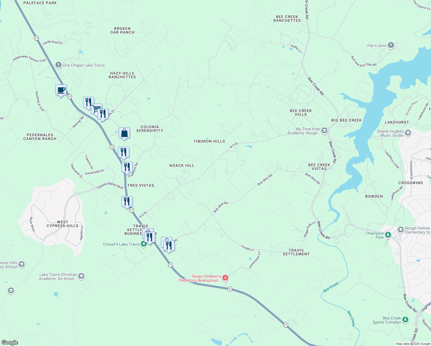 map of restaurants, bars, coffee shops, grocery stores, and more near 4201 R O Drive in Spicewood