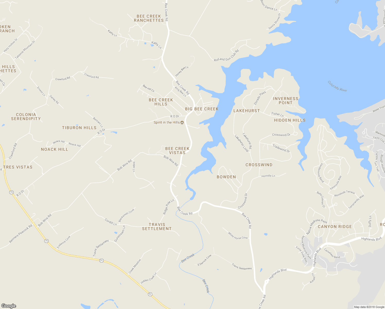 map of restaurants, bars, coffee shops, grocery stores, and more near 3511 Bee Creek Road in Spicewood