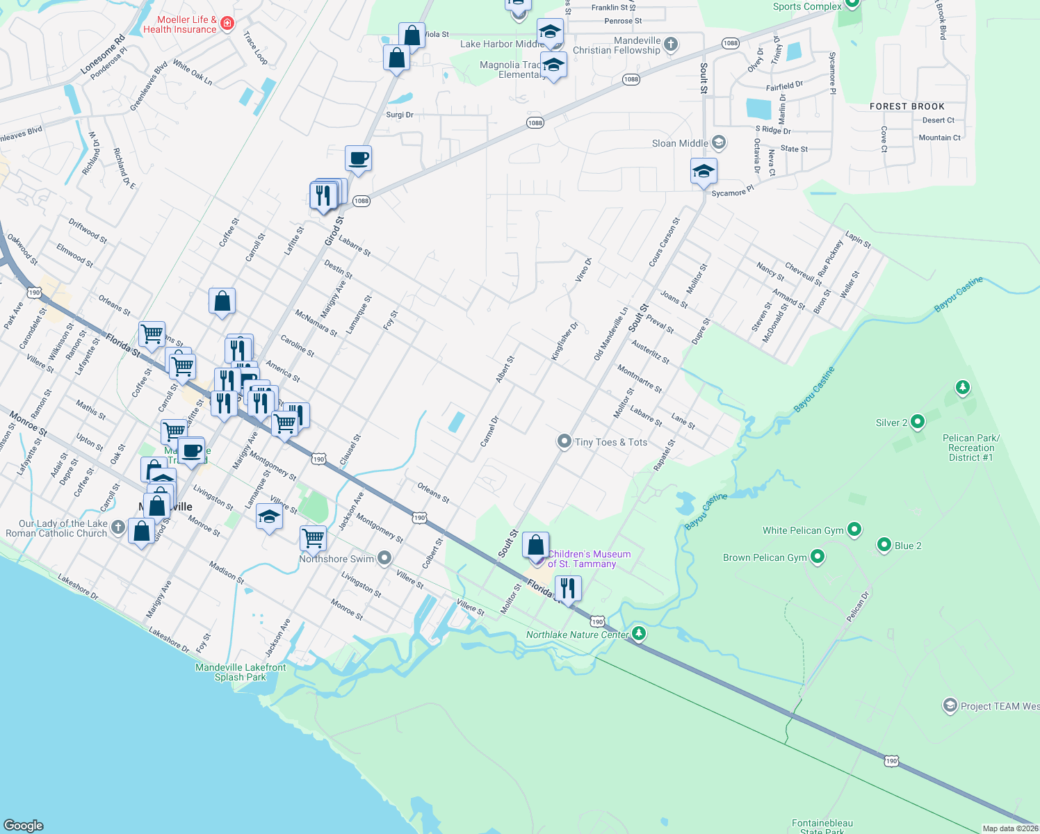 map of restaurants, bars, coffee shops, grocery stores, and more near 535 Buttonwillow Court in Mandeville