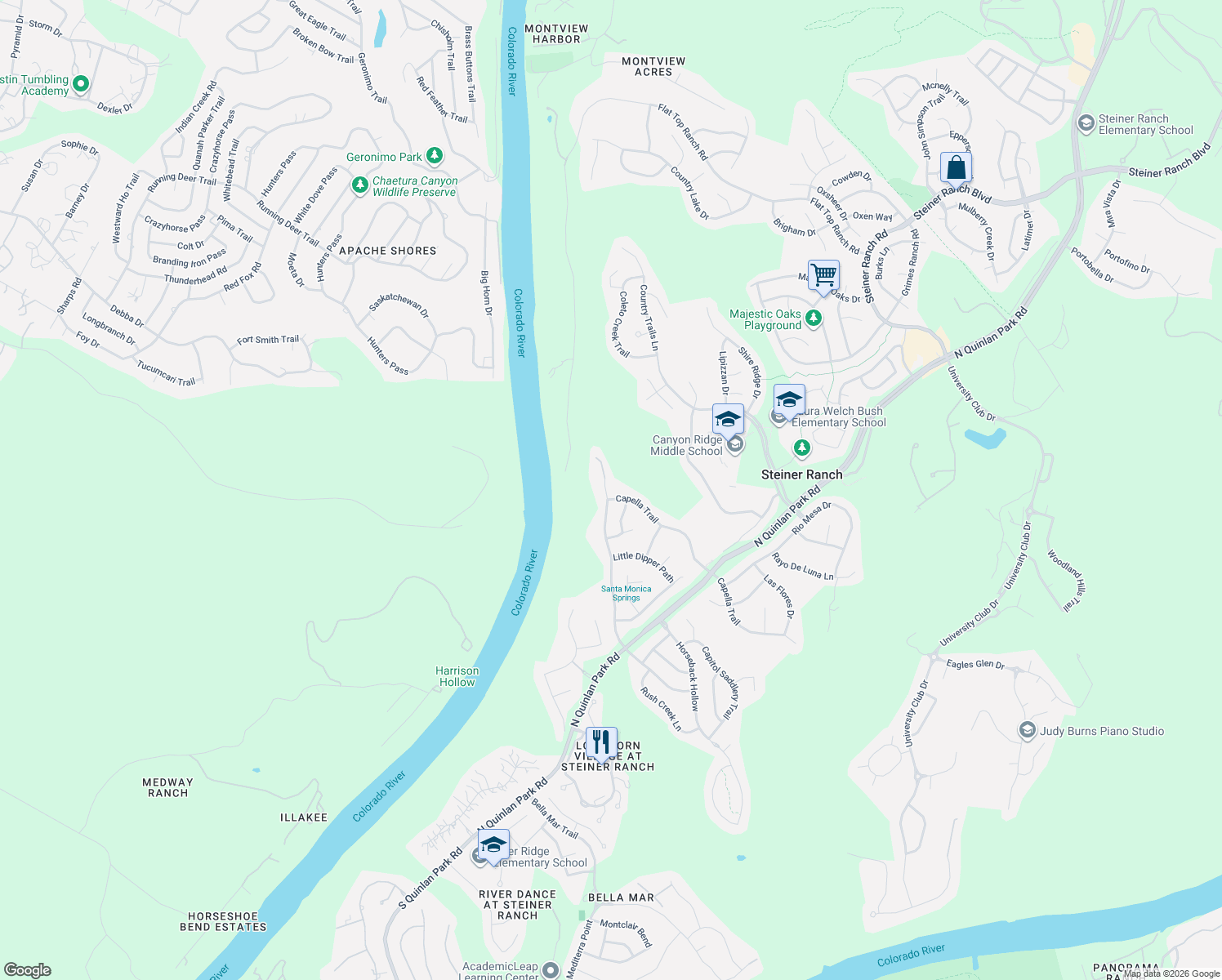 map of restaurants, bars, coffee shops, grocery stores, and more near 13304 Bright Sky Overlook in Austin