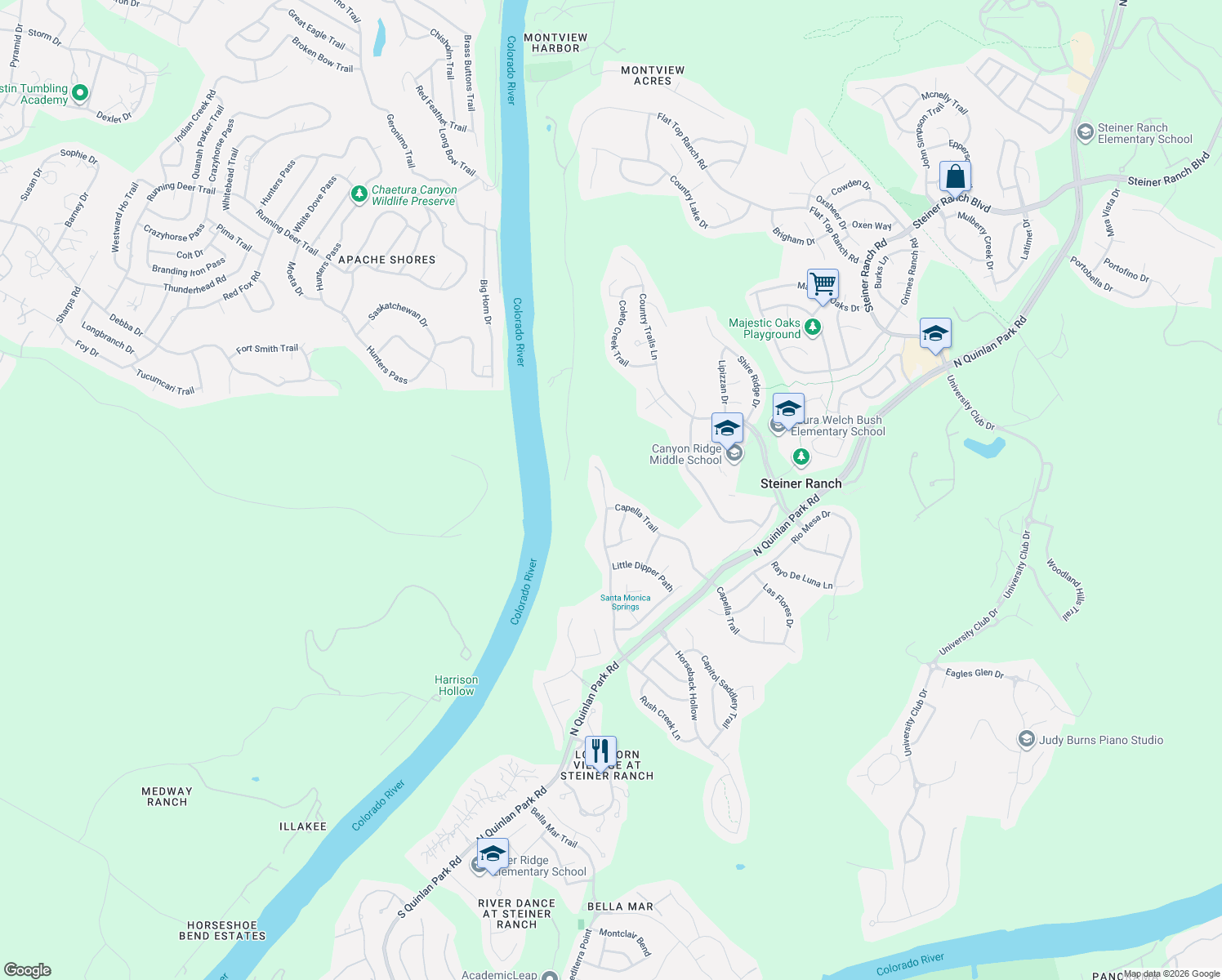 map of restaurants, bars, coffee shops, grocery stores, and more near 13312 Bright Sky Overlook in Austin