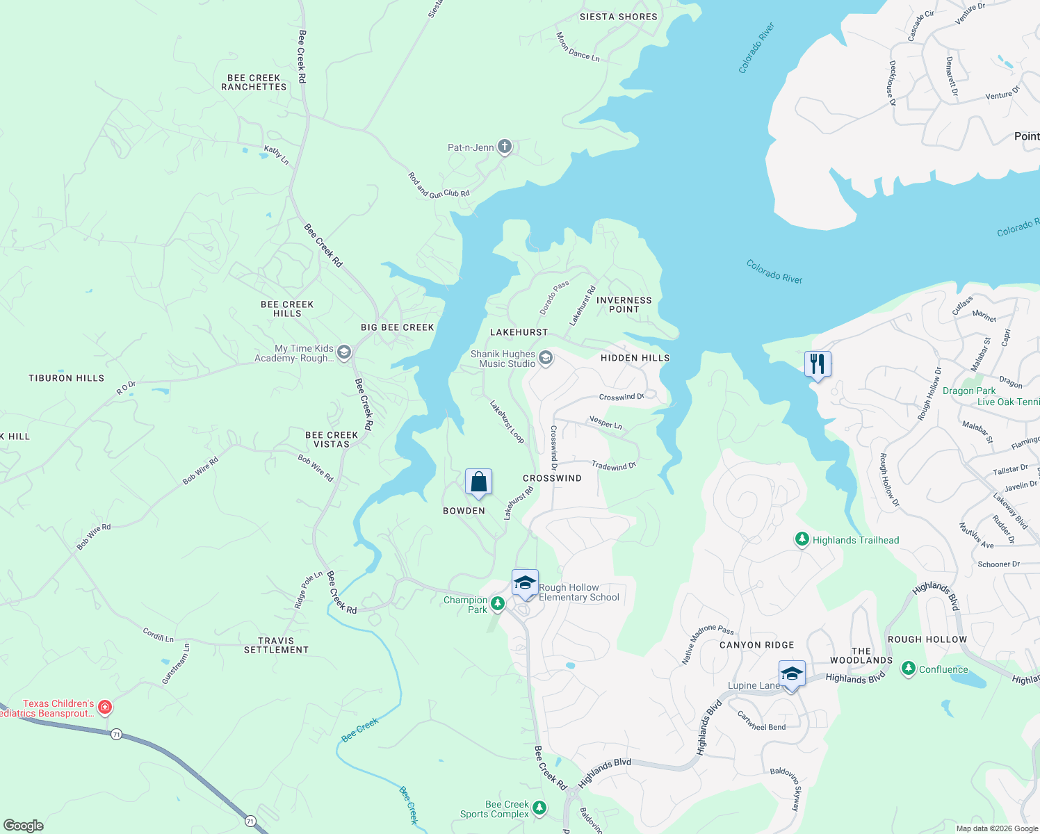 map of restaurants, bars, coffee shops, grocery stores, and more near 19606 Summit Glory Trail in Briarcliff