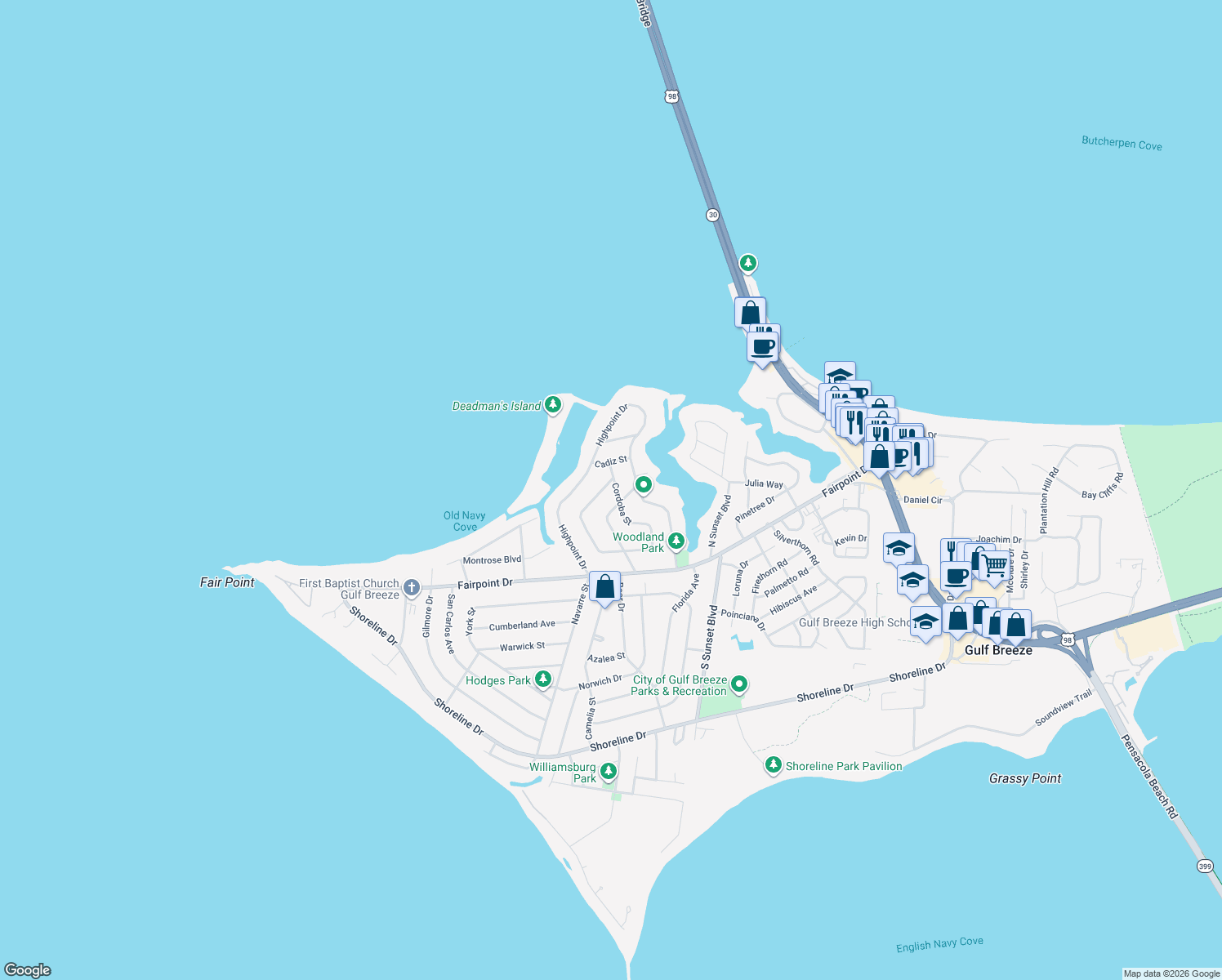 map of restaurants, bars, coffee shops, grocery stores, and more near 303 Cordoba Street in Gulf Breeze