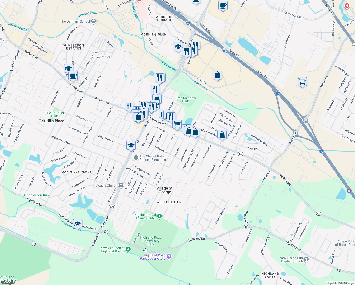 map of restaurants, bars, coffee shops, grocery stores, and more near 1950 Stafford Drive in Baton Rouge