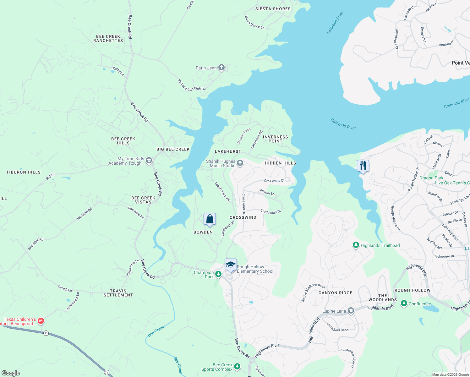 map of restaurants, bars, coffee shops, grocery stores, and more near 19606 Summit Glory Trail in Briarcliff