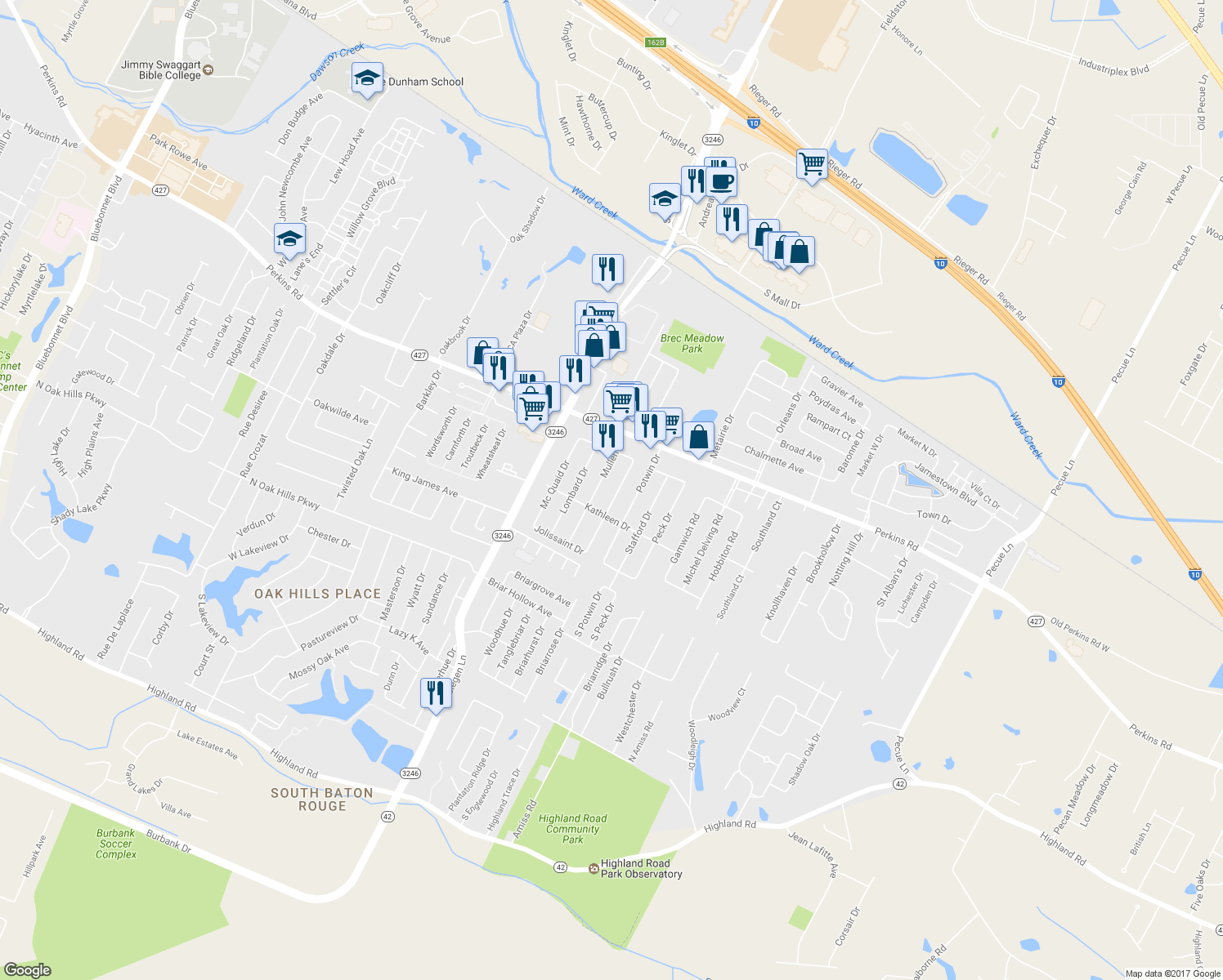 map of restaurants, bars, coffee shops, grocery stores, and more near 1877 Denver Drive in Baton Rouge