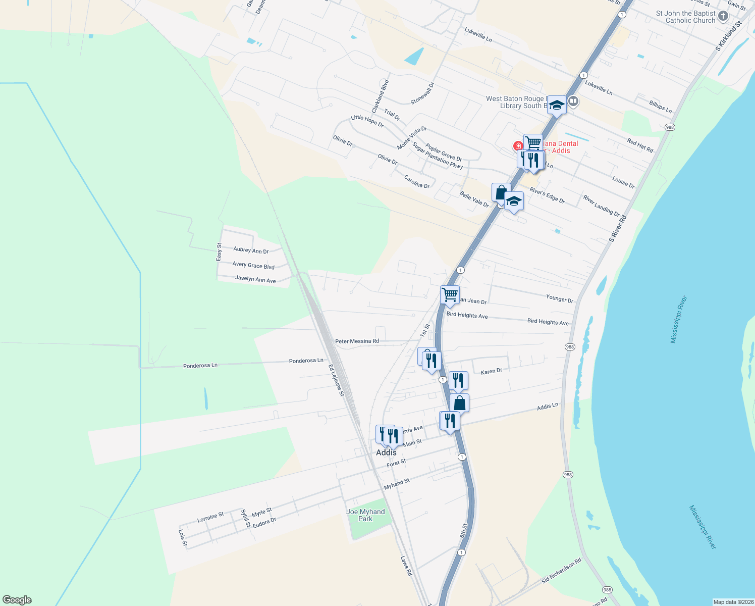 map of restaurants, bars, coffee shops, grocery stores, and more near 4380 Parker Lane in Addis