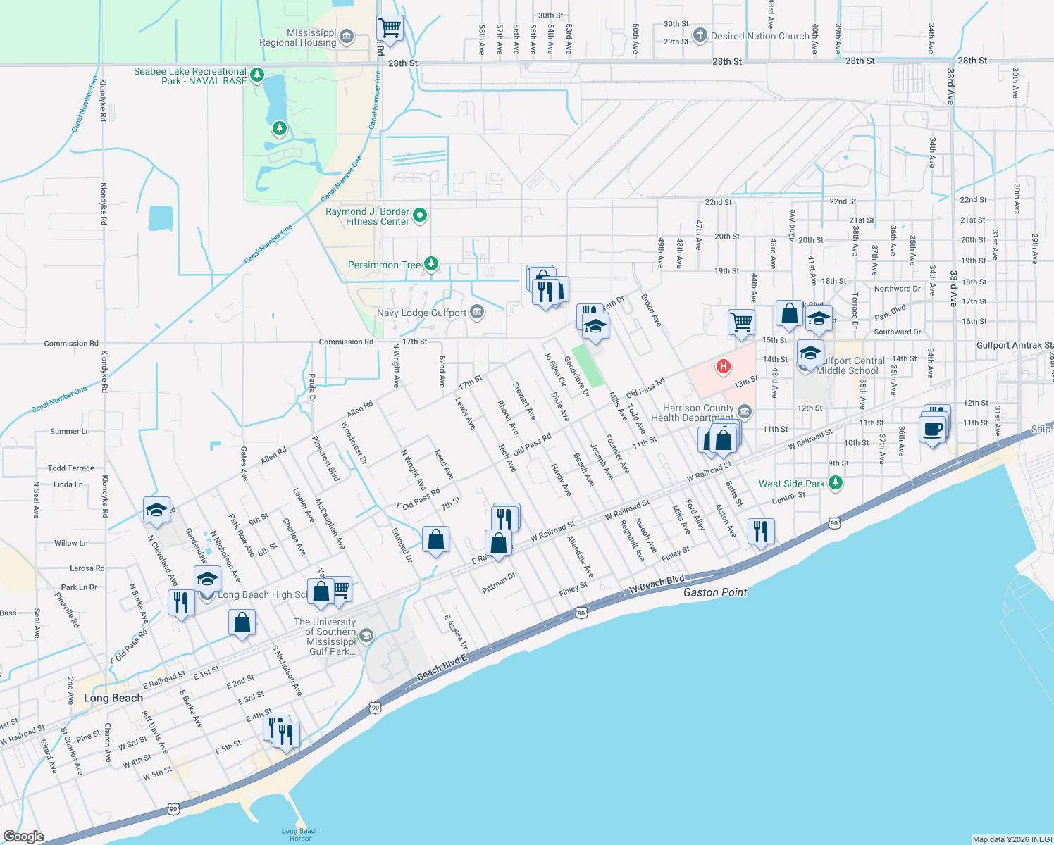 map of restaurants, bars, coffee shops, grocery stores, and more near 5005 15th St in Gulfport