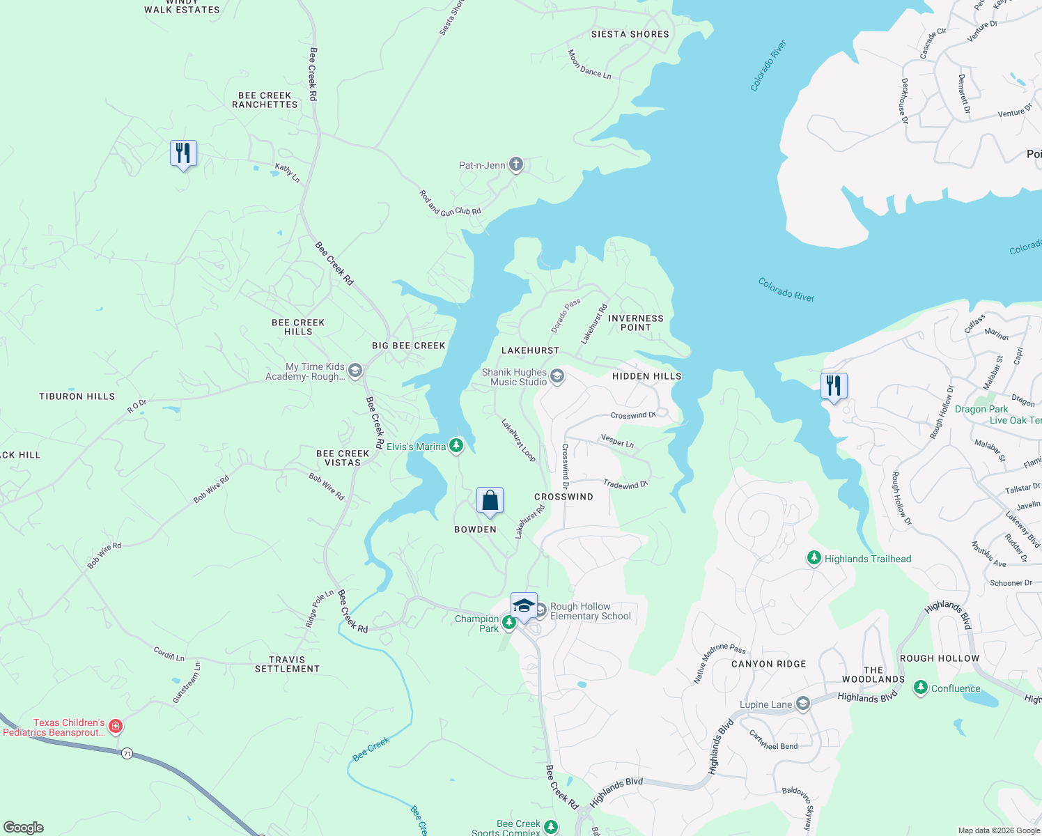 map of restaurants, bars, coffee shops, grocery stores, and more near 2710 Lakehurst Road in Spicewood