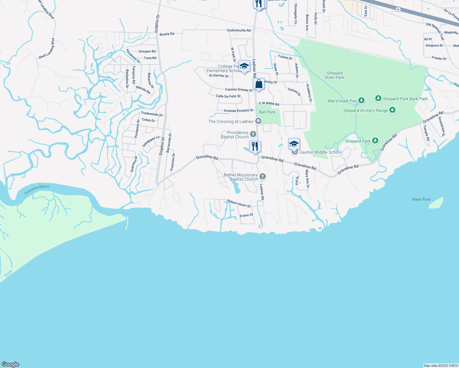 map of restaurants, bars, coffee shops, grocery stores, and more near 1700 Perdido Blvd in Gautier