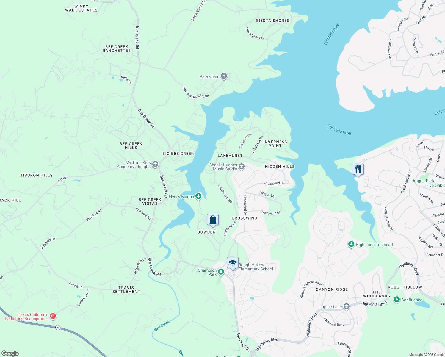 map of restaurants, bars, coffee shops, grocery stores, and more near 2710 Lakehurst Road in Spicewood