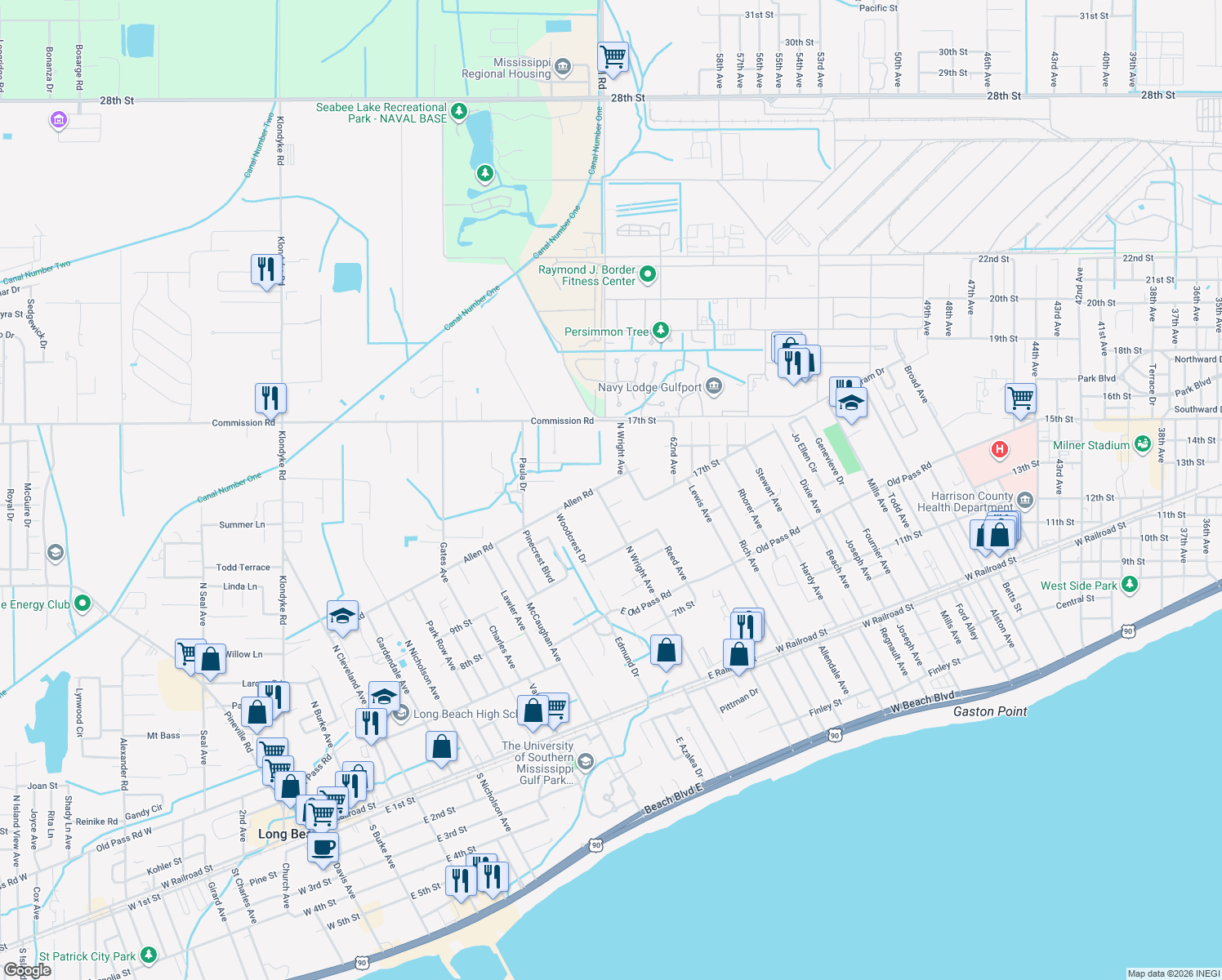 map of restaurants, bars, coffee shops, grocery stores, and more near 18001 Allen Rd in Long Beach