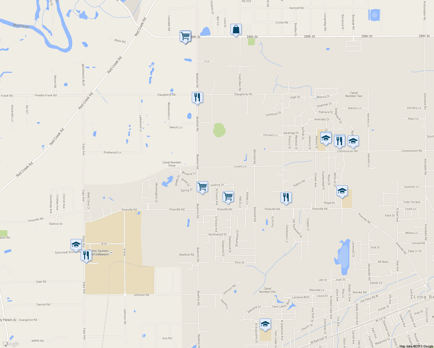 map of restaurants, bars, coffee shops, grocery stores, and more near 20175 Lovers Lane in Long Beach