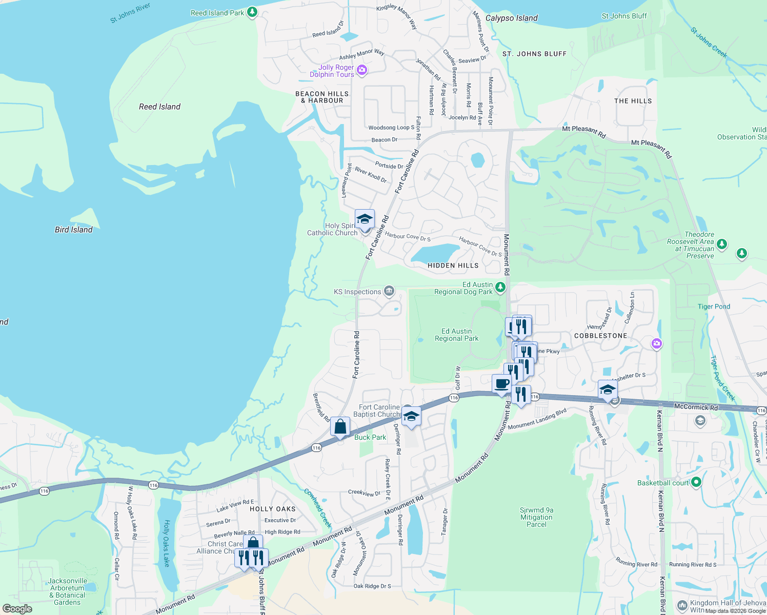 map of restaurants, bars, coffee shops, grocery stores, and more near 11322 Trotting Horse Lane in Jacksonville